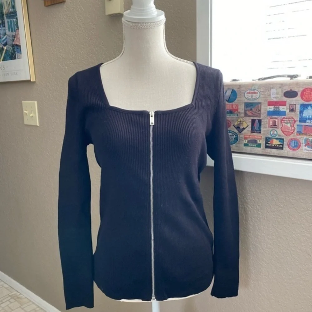 INC International Concepts black ribbed zippered cardigan, Sz. M